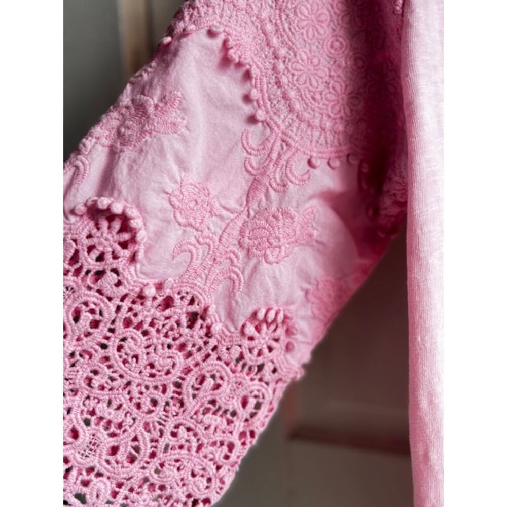 Talbots Pink Boatneck Knit Top Large 3/4 Sleeve Crochet Detail Cotton Pullover - Picture 4 of 5